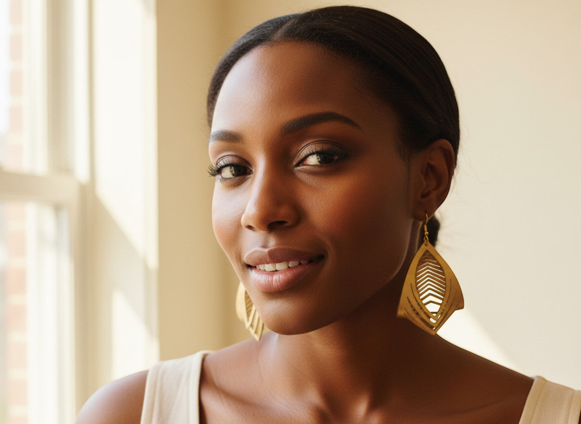 Rejecting Retail Studio gold leather statement earrings, hand-painted, 3D sculpted, lightweight, unique design.