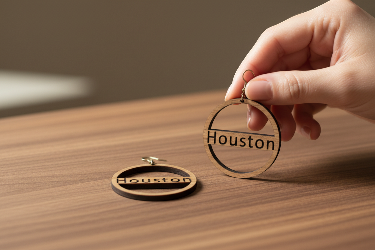 Rejecting Retail Studio natural wood hoop earrings engraved with the word Houston in a vintage serif font.