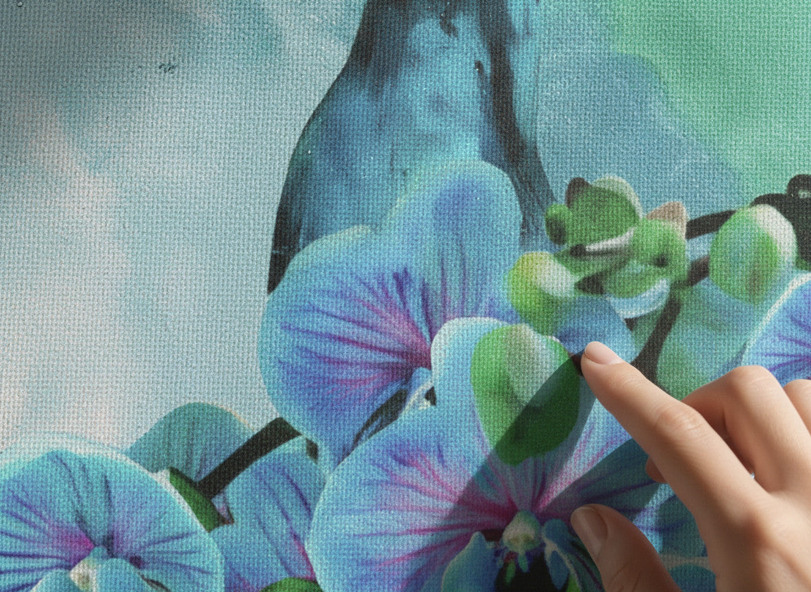 Rejecting Retail Studio custom canvas print of a peacock with blue orchids, vibrant colors, textured finish.