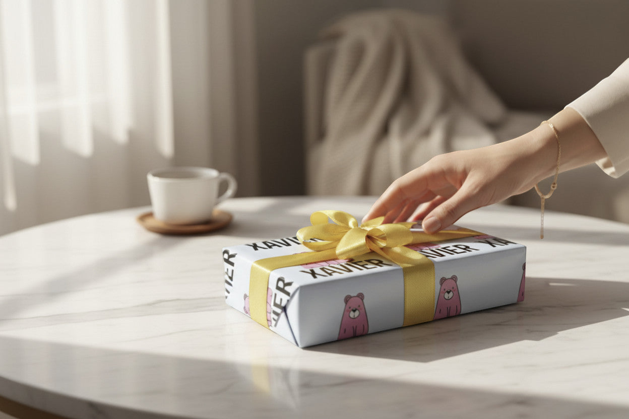 Rejecting Retail Studio personalized light blue wrapping paper with repeating pink bear illustration and black text spelling out "XAVIER".