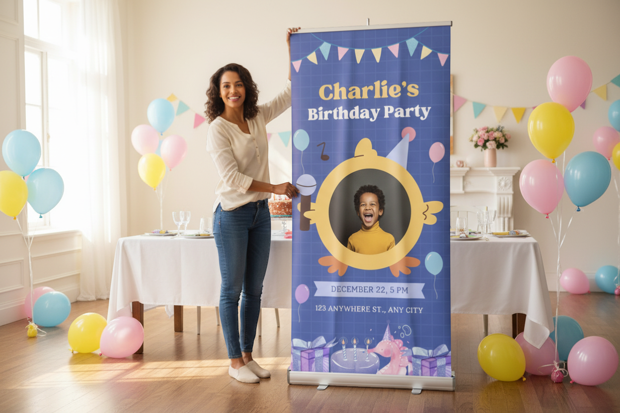 Rejecting Retail Studio personalized birthday banner for boys, featuring a blue grid background, bunting, balloons, and a photo of a child in a yellow turtleneck. Includes party details and a unicorn cake.