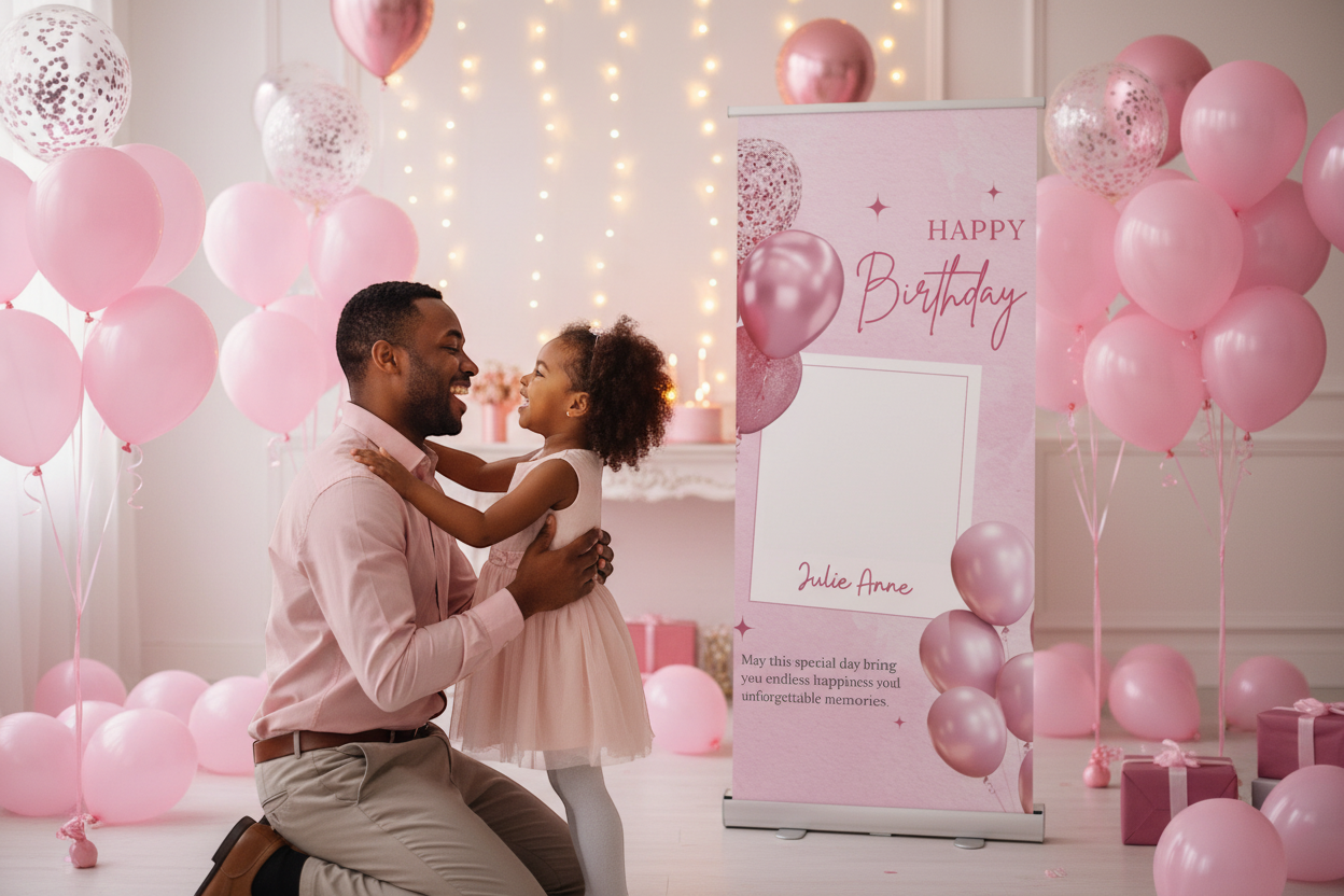 Rejecting Retail Studio personalized pink birthday banner with balloons, photos, and name for girls. Retractable stand included.