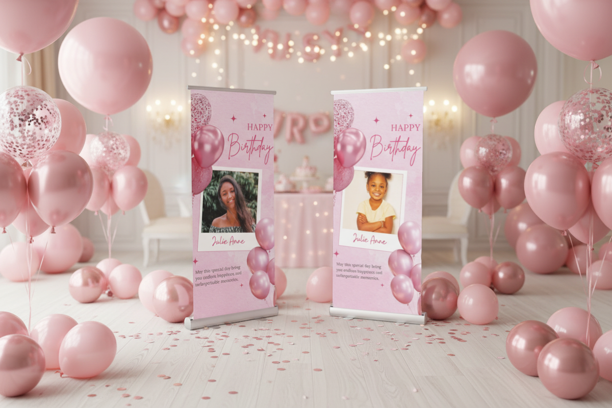Rejecting Retail Studio personalized pink birthday banner with balloons, photo frame, and custom name for girls. Retractable stand included.