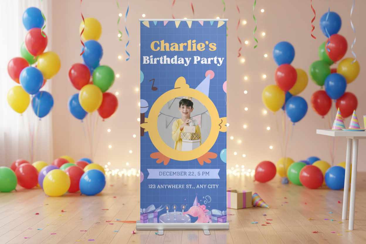 Rejecting Retail Studio personalized blue birthday banner for boys featuring a photo, party details, cake, and gifts.