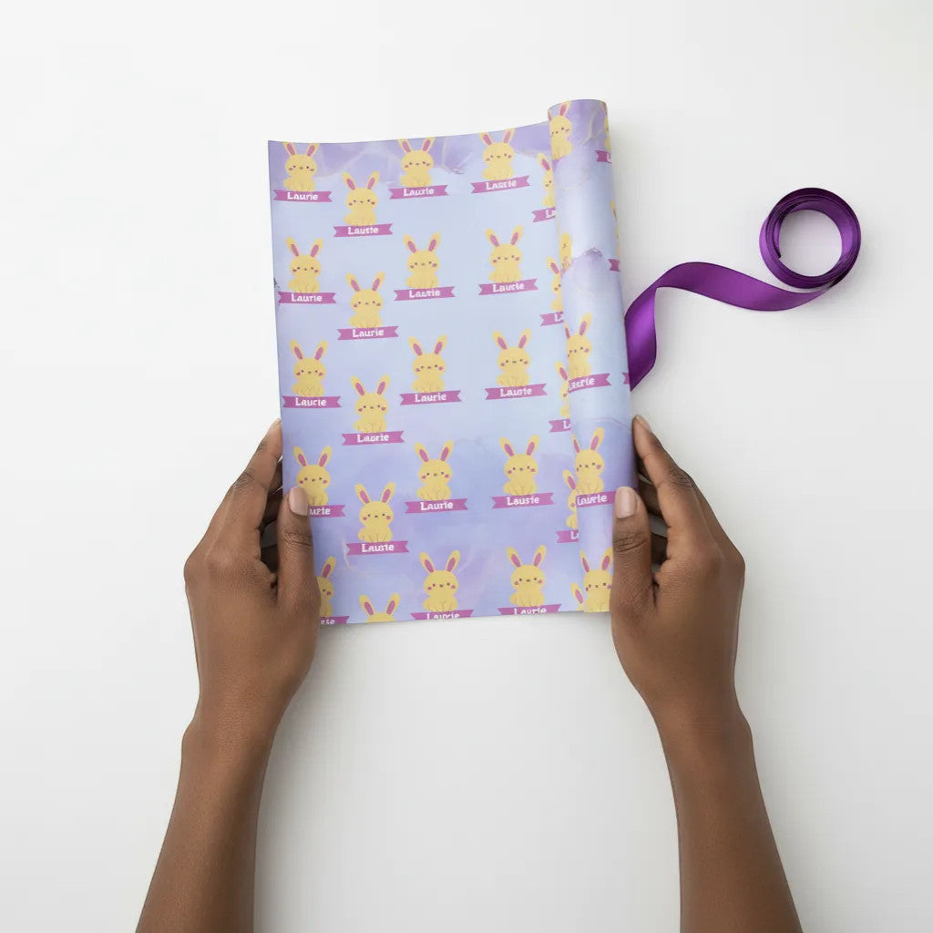 Rejecting Retail Studio personalized bunny gift wrap with custom name on purple ribbon, 24" x 48".