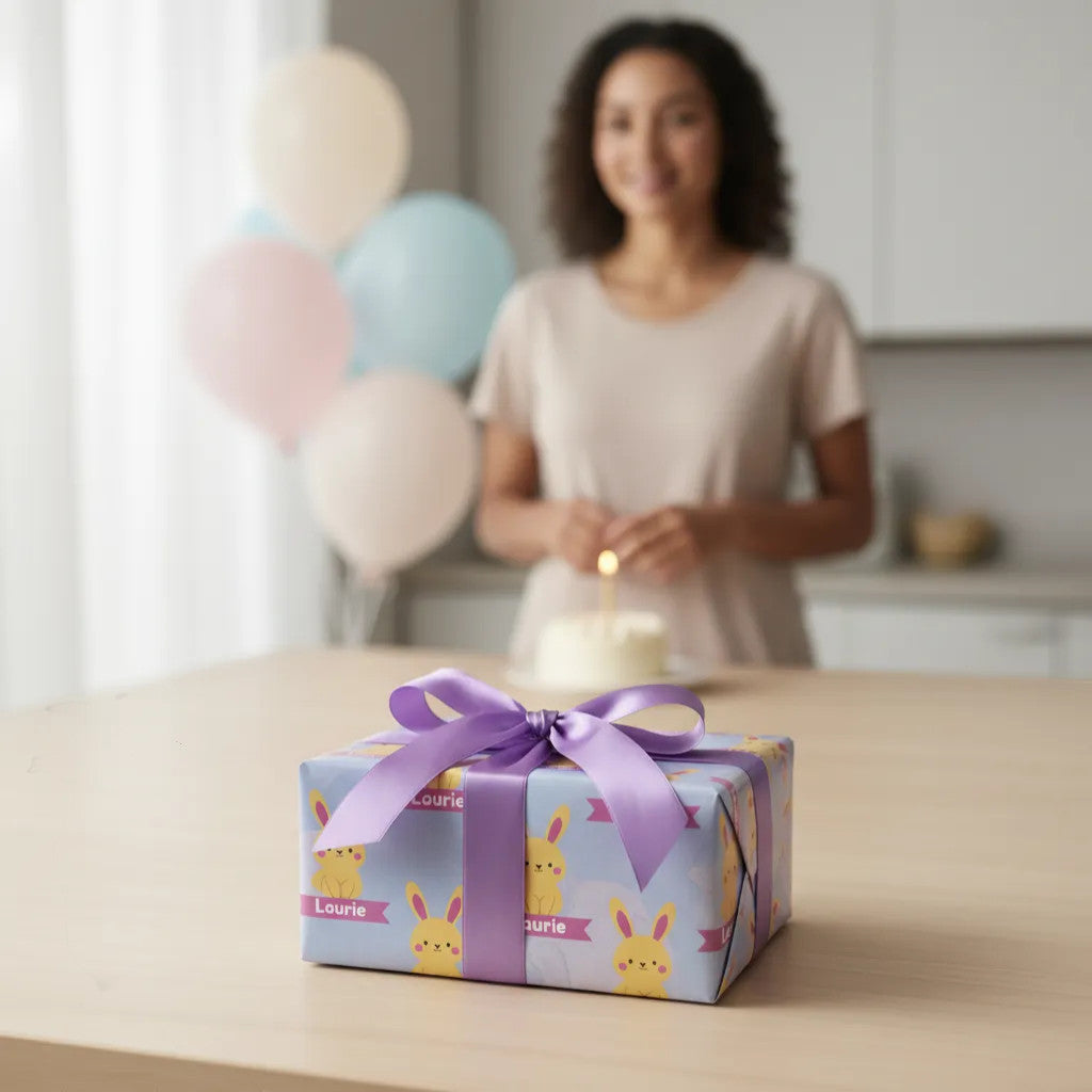 Rejecting Retail Studio personalized gift wrap with bunny illustration and custom name "Lourie" in purple ribbon.