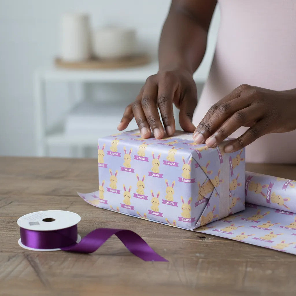 Rejecting Retail Studio personalized purple wrapping paper with yellow bunnies and custom names, 24" x 48".