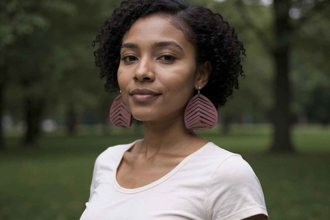 Rejecting Retail Studio ombré pink sculpted genuine leather statement earrings with chevron cutouts.