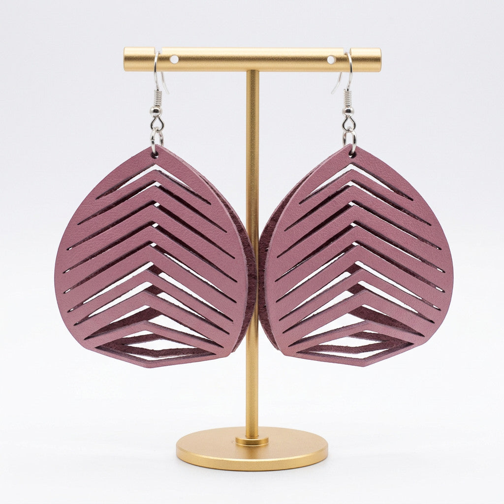 Rejecting Retail Studio ombré pink genuine leather statement earrings with sculpted chevron design. Lightweight and hypoallergenic.