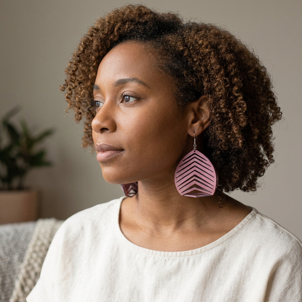 Rejecting Retail Studio pink ombré sculpted genuine leather statement earrings with chevron pattern. Lightweight and hypoallergenic.