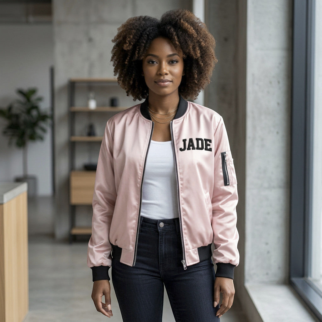 Rejecting Retail Studio light pink satin zip-up varsity bomber jacket with custom black embroidered name 'JADE' on chest.
