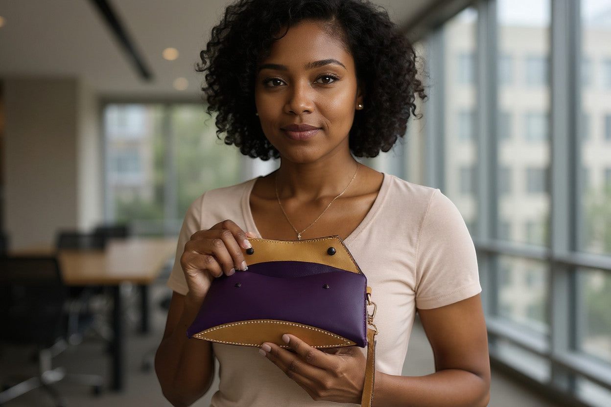 Rejecting Retail Studio handmade purple and orange genuine leather wristlet clutch wallet with magnetic snap closure.