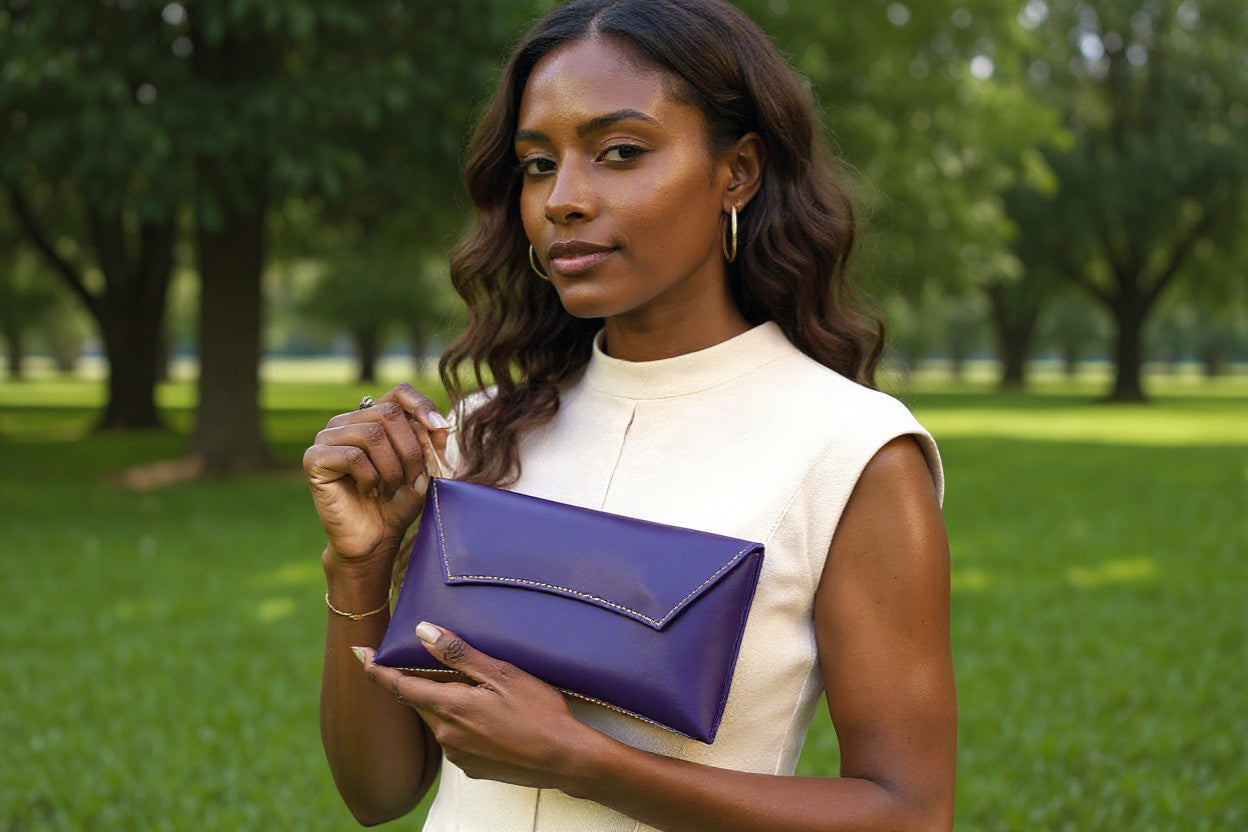 Rejecting Retail Studio handmade purple and orange leather clutch wallet with magnetic snap closure and wristlet.