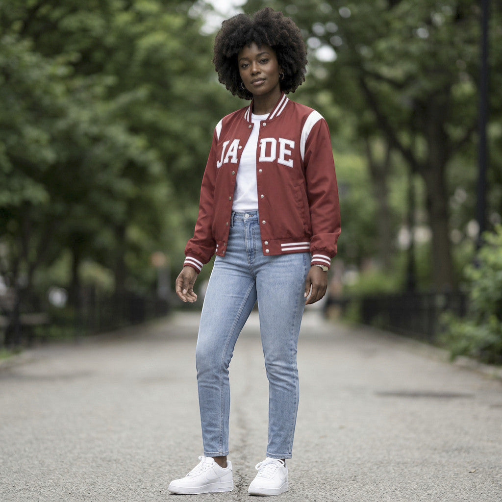 Rejecting Retail Studio personalized women's red varsity bomber jacket with white lettering and trim, custom embroidered.
