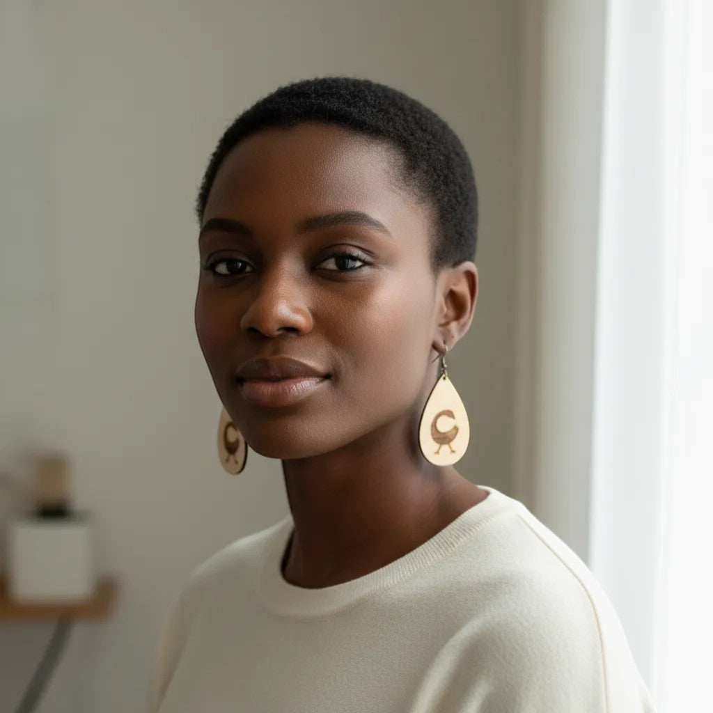 Rejecting Retail Studio Sankofa symbol engraved birchwood teardrop earrings with art deco border. Lightweight artisan jewelry.