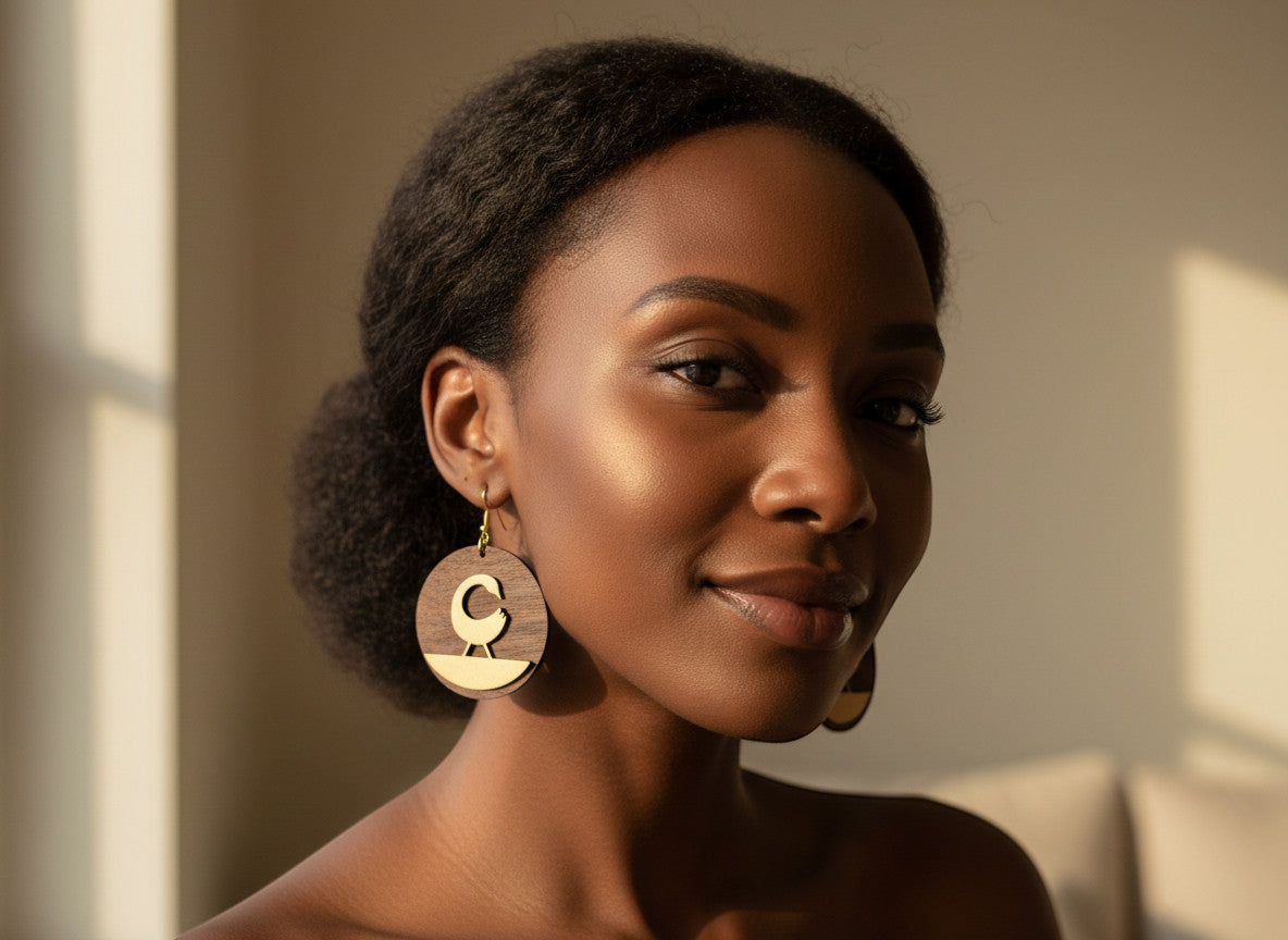 Rejecting Retail Studio walnut wood and gold Sankofa bird earrings with leather accent. Round, mixed-media design.
