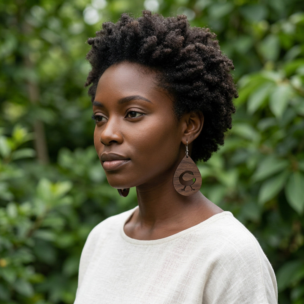 Rejecting Retail Studio walnut wood teardrop earrings with laser-carved Sankofa symbol. Lightweight artisan jewelry.