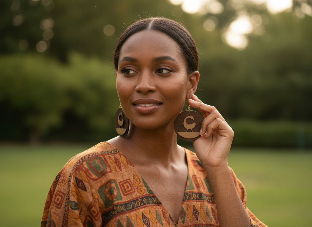 Rejecting Retail Studio Sankofa bird earrings, walnut wood with gold accent, mixed-media jewelry.