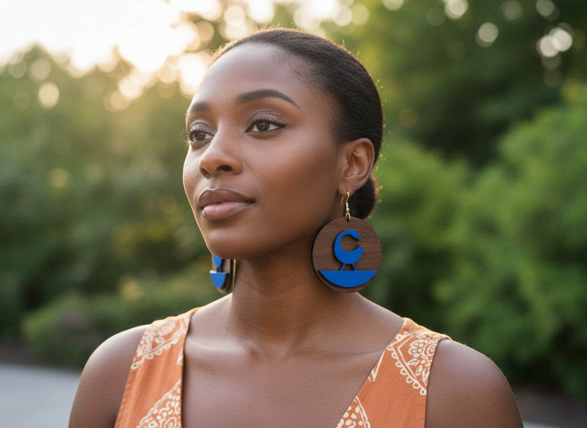 Rejecting Retail Studio walnut wood and cobalt blue leather Sankofa earrings with gold hooks.