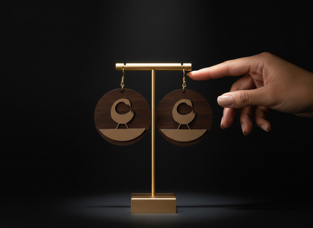 Rejecting Retail Studio walnut wood and leather Sankofa bird dangle earrings. Dark wood with gold accent.