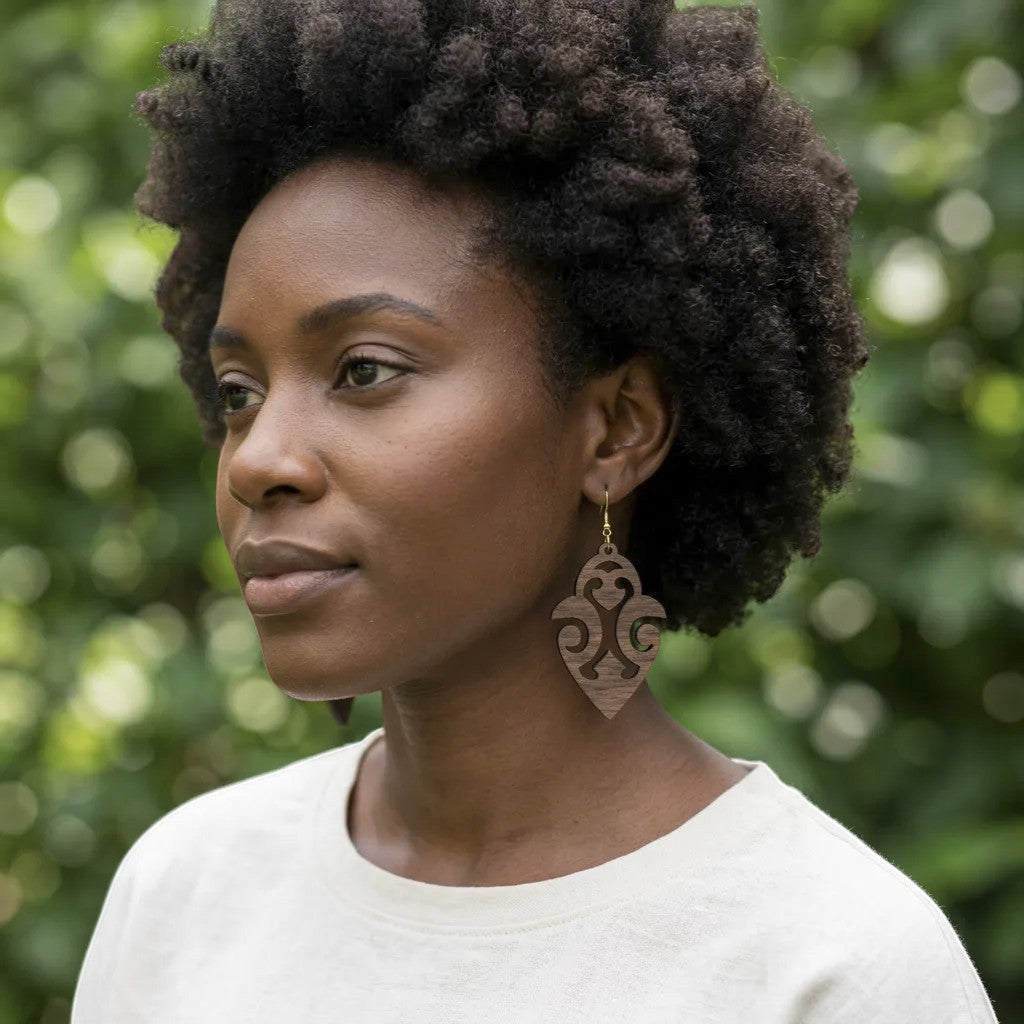 Rejecting Retail Studio walnut wood dangle earrings with ethnic cutout design. Lightweight and hypoallergenic.