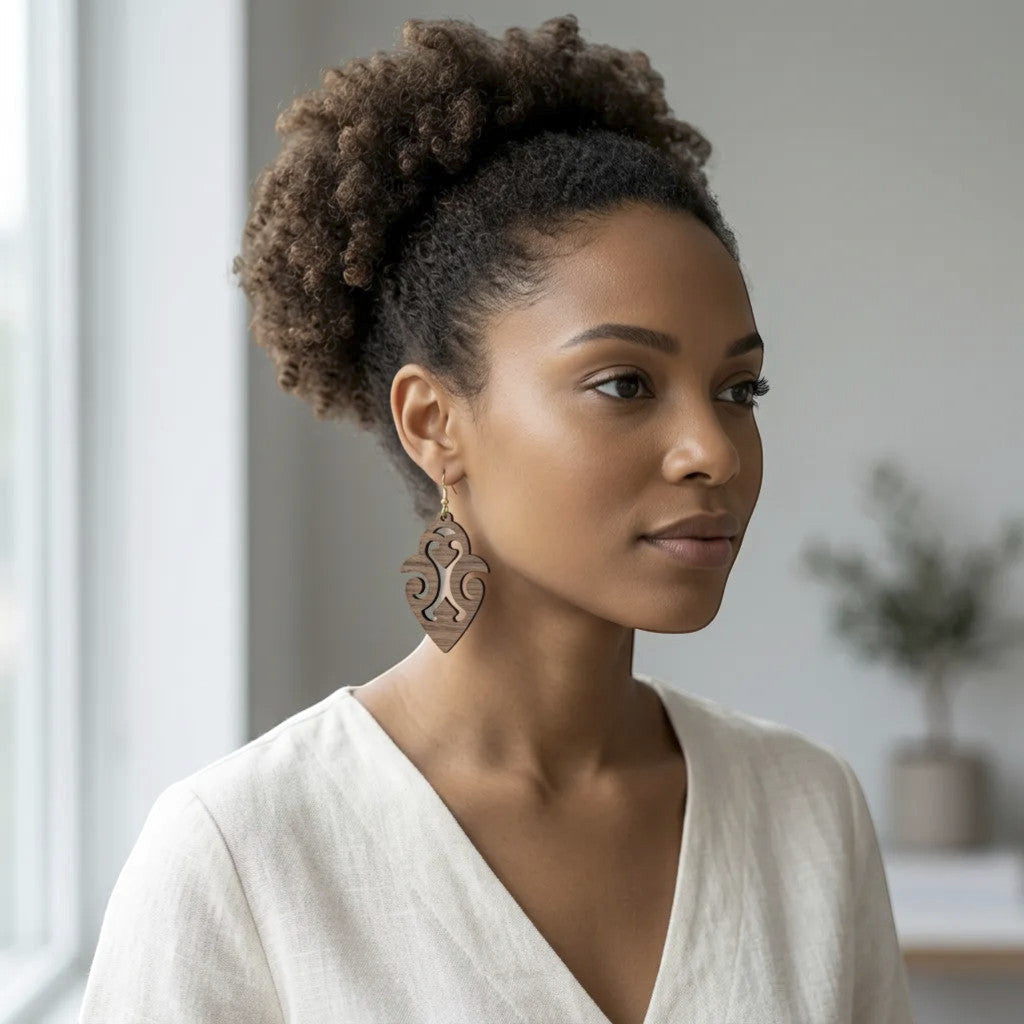 Rejecting Retail Studio walnut wood dangle earrings with ethnic cutout design. Lightweight, hypoallergenic.