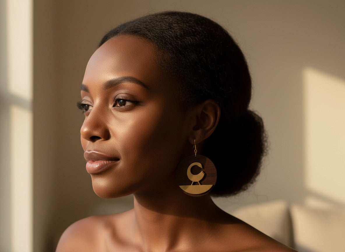 Rejecting Retail Studio walnut wood & gold Sankofa bird earrings with leather accent. Round, mixed-media statement earrings.