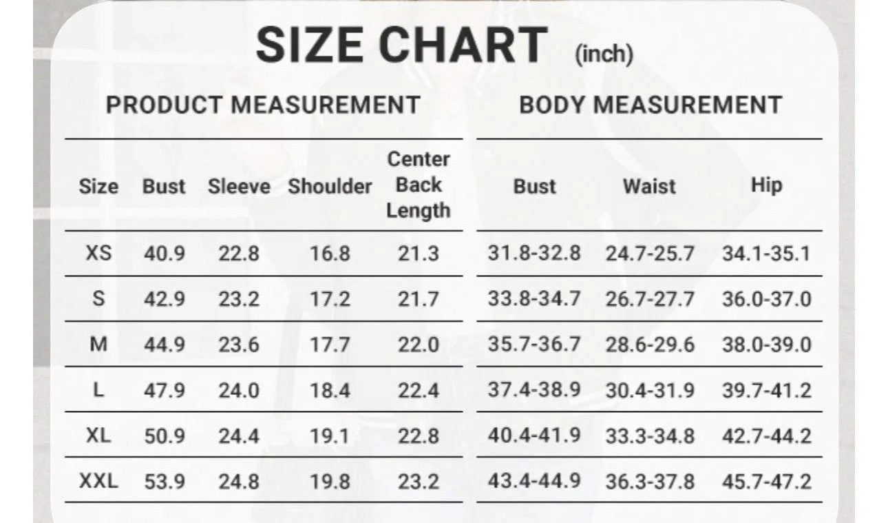 Rejecting Retail Studio custom embroidered women's varsity jacket size chart with product and body measurements in inches.