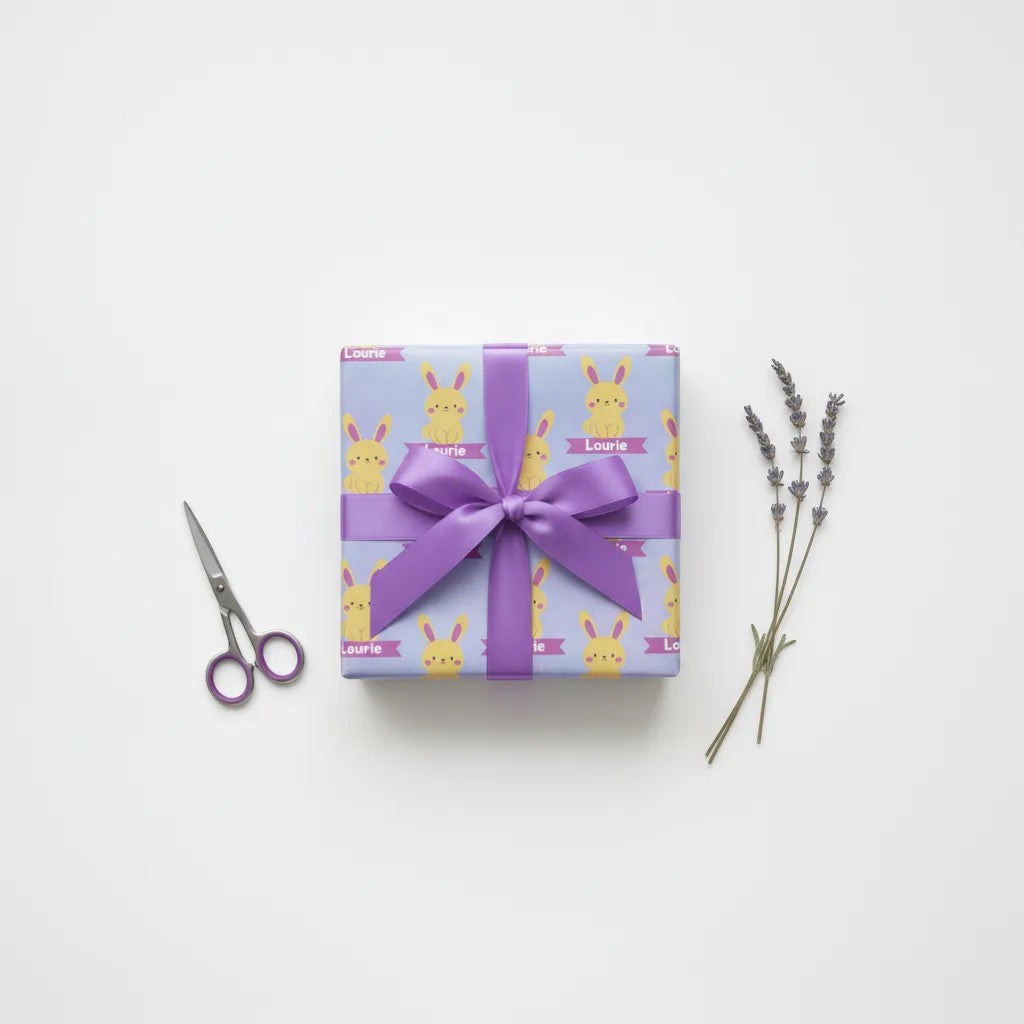 Rejecting Retail Studio personalized bunny gift wrap with custom name, lavender background and purple ribbon.